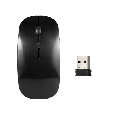 A black wireless mouse and its USB receiver are shown against a white background.