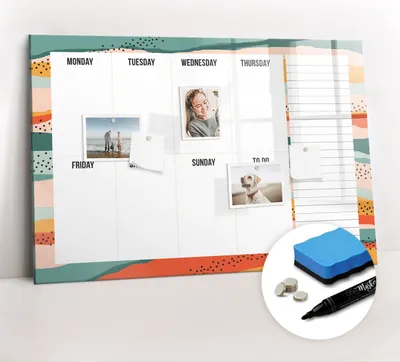 Produktbild von Magnetpinnwand Memoboard - Zubehörsatz - Schwarzer Marker + Schwamm + Magnete - 90 x 60 cm - Retro-Wochenplaner