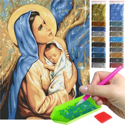 Zdjęcie produktu dla Haft diamentowy ARTULIO - Maryja z Dzieciątkiem Jezus - 40 x 30 cm - Diamond painting, Kompletny zestaw: mozaika + akcesoria