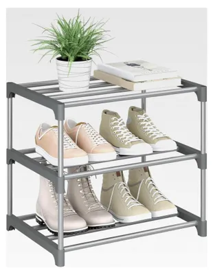 Produktbild von Schmaler Schuhregal mit 3 Ebenen, Schuhorganizer für platzsparende Aufbewahrung, offener Schuhschrank aus Metall, für 6 Paar Schuhe, 42 x 37 x 30 cm, Grau