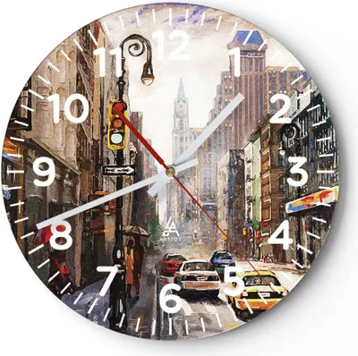 Produktbild von Wanduhr - Rund - Glasuhr - New York Aquarell - 30x30cm - Schleichendes Uhrwerk - Lautlos - zum Aufhängen bereit - Dekoration Modern - Wanddekoration aus Glas - C4AR30x30-4590