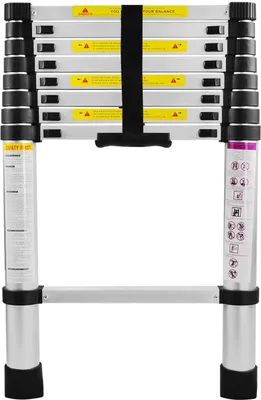 A close-up, front-facing view of a silver telescopic ladder against a white background.