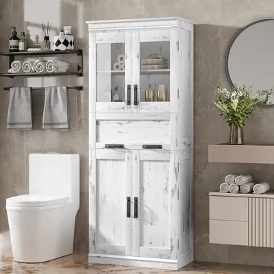 Produktbild von Badschrank mit 1 Schublade und 4 Türen, hoher Badezimmerschrank mit verstellbaren Regalen Badkommode Aufbewahrungsschrank für Küche, Wohnzimmer weiß
