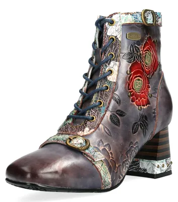 Produktbild von Laura Vita Damen Stiefelette Blumenprägung Vintage Akzente Schnallen TALAO 03, Größe:37 EU, Farbe:Blau
