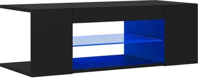 A black TV stand with blue LED lighting and glass shelves.