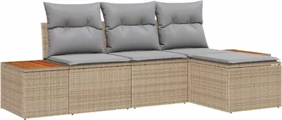 Image de Ensemble de canapés de jardin vidaXL avec coussins (4 pièces), beige, en polyrotin