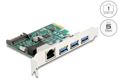 Produktbild von DeLOCK PCI Express x1 Karte zu 3 x USB 5 Gbps Typ-A Buchse + 1 x Gigabit LAN, PCIe, RJ-45, USB 3.2 Gen 1 (3.1 Gen 1), PCIe 2.0, RJ-45, SATA 15-Pin, Grün, Grau