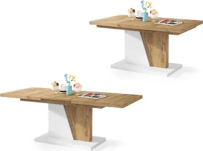 Two identical tables are shown against a white background. The tables have a wooden top and a white base with a wooden accent.