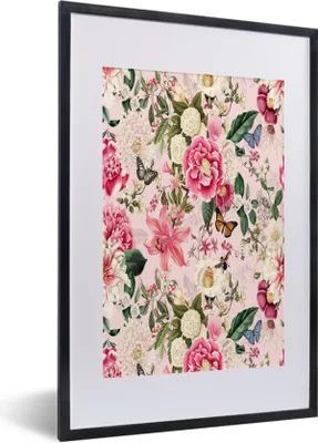 Produktbild von MuchoWow® MuchoWow® Gerahmtes Poster Blumen - Schmetterlinge - Hortensie 40x60 cm - Poster mit zchwarzem Bilderrahmen - Poster in Rahmen