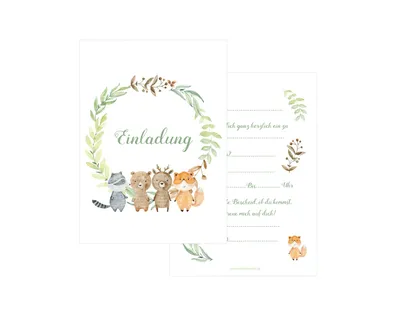 Produktbild von Friendly Fox 12 Einladungen Waldtiere Einladungskarten Kindergeburtstag Junge Mädchen, A6 Geburtstagseinladung Waldfreunde, Geburtstag Zoo Tierpark