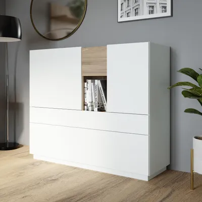 Produktbild von Forte LEWISVILLE Sideboard 180, minimalistisches Sideboard, 1-türig, Kippfach, Schublade, Holzwerkstoff, Wohnzimmer, Secret Grey | Valenica Eiche Holzdekor, 119,7 cm breit x 111,2 cm hoch x 41 cm tief