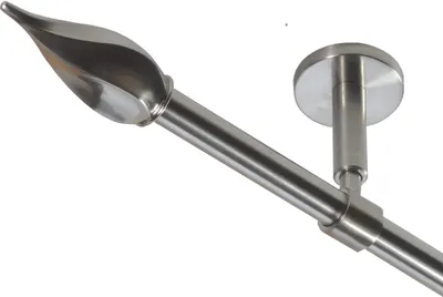 A close-up view of a metal curtain rod with a decorative finial and a ceiling bracket, against a white background.