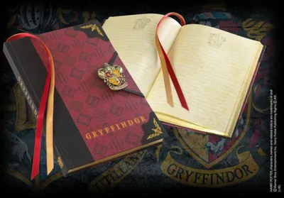 A closed and an open Gryffindor-themed journal with ribbons, set against a dark background with Gryffindor crests.