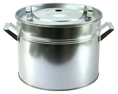 A silver metal pot with handles and a lid.