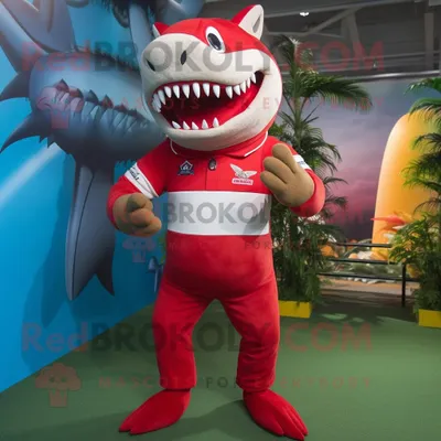 Produktbild von Roter REDBROKOLY Hai Maskottchen kostüm gekleidet in ein Rugby-Shirt und Bandagen