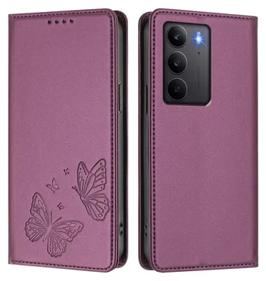 Obrázek produktu pro Kožené pouzdro pro Realme C75 4G, motýlí ražbou, peněženkové flip pouzdro se stojánkem Fialová