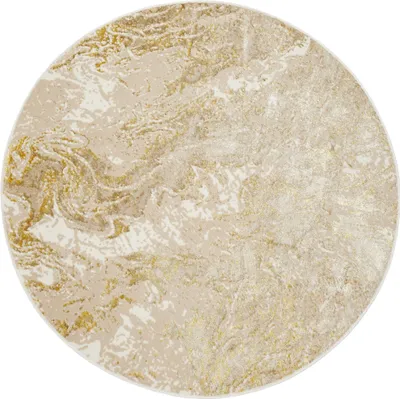 A round rug with a marble-like pattern in beige and gold.