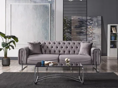 Zdjęcie produktu dla Sofa Chesterfield szara tapicerowana tkaniną Nowoczesne sofy 3-osobowe Luksusowa kanapa