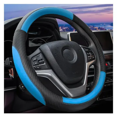 Immagine prodotto di Coprivolante universale per auto, 38 cm, sportivo, antiscivolo, in vera pelle, nero/blu