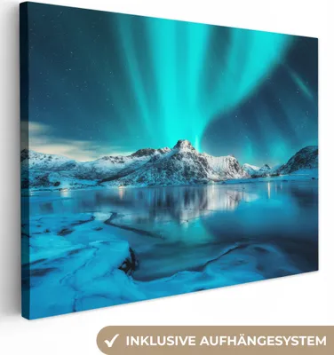 Obrázek produktu pro OneMillionCanvasses® - Obraz na plátně - Polární záře - Led - Sníh - Norsko - Modrá - Hory, nástěnná malba, nástěnné dekorace obrazy obývací pokoj, 120x90cm