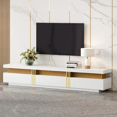 Image de Meuble TV bas - Meuble bas TV - Aspect marbre - 200 x 40 x 42 cm - 3 tiroirs - Passage de câbles - Design marocain moderne - Blanc