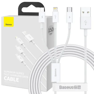 Zdjęcie produktu dla Baseus Superior 3W1 Kabel Usb - Lightning / Usb Typ C / Micro Usb 3,5 A 1,5 M Biały (Camltys-02)