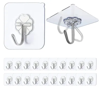 Produktbild von Selbstklebende Haken, 20 Stück, transparent, kein Bohren erforderlich (max. 10 kg), nahtlos, wasser- und ölbeständig, multifunktionale selbstklebende Haken, selbstklebende Wandhaken für Küche und Bad