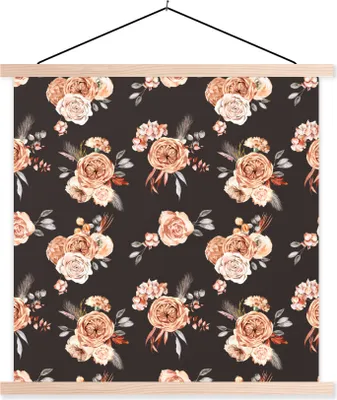 Produktbild von MuchoWow® Textilposter Rosen - Blumen - Schwarz 120x120 cm mit holzfarbenen Rahmen - Textil-Poster