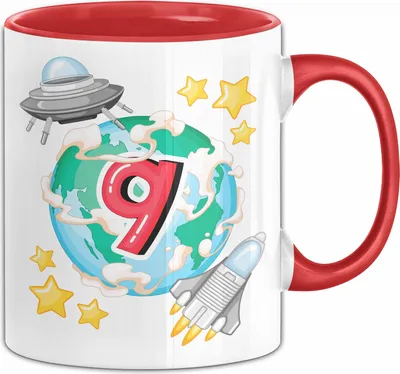 Produktbild von 9. Geburtstag Geschenk Tasse Becher Jungs Mädchen Ufo Welt Galaxie  (Rot)