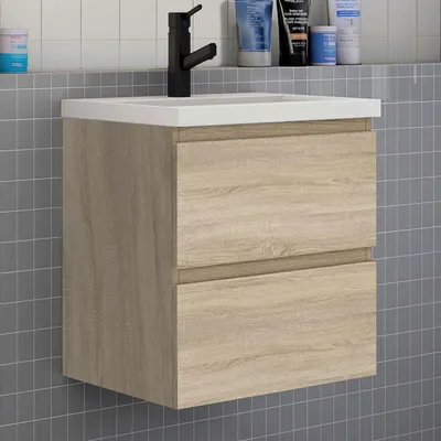 Produktbild von Badezimmermöbel 50cm CINIC-Serie Mineralguss Waschtisch mit Unterschrank Hängeschrank Badezimmerschränke mit 2 Schubladen Eiche