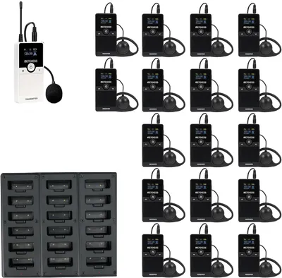 A collection of wireless tour guide system components, including transmitters, receivers, and a charging dock, arranged on a white background.