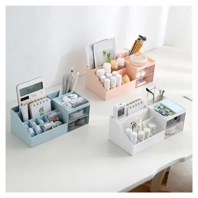 Produktbild von Kunststoff Aufbewahrungsbox für Schreibtisch mit Fächern und Schubladen, platzsparender weißer Organizer für Büro, Schlafzimmer und Wohnzimmer