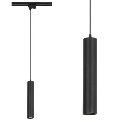 A black cylindrical pendant light hanging from a track.