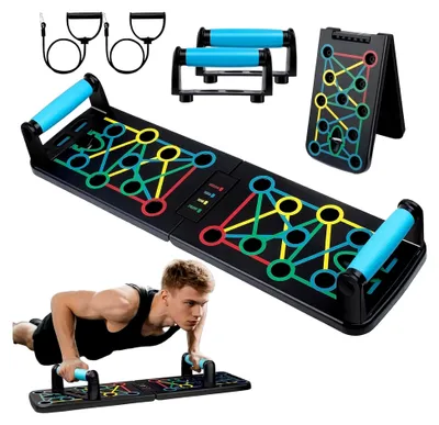 Produktbild von Liegestütz-Werkzeug, klappbares Push-Up-Board mit 2 Zugseilen, 41 kombinierte Positionen, digital, für Übungen zu Hause und im Fitnessstudio.
