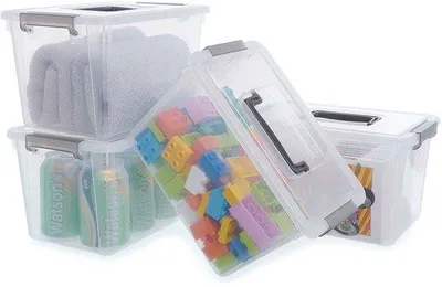 Image de Boîtes de rangement transparentes empilables Ibenzoa®, lot de 4, 5 litres, avec couvercle et clips de fermeture, en plastique, avec poignée de transport, dimensions : 21,4 x 14,5 x 15,5 cm