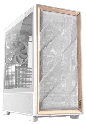 A white computer case with a wood-grain accent on the front panel.
