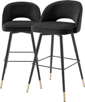 Produktbild von Casa Padrino Luxus Barstuhl Set Schwarz / Messingfarben 51 x 52 x H. 103 cm - Barstühle mit drehbarer Sitzfläche und edlem Samtsoff - Luxus Bar Möbel