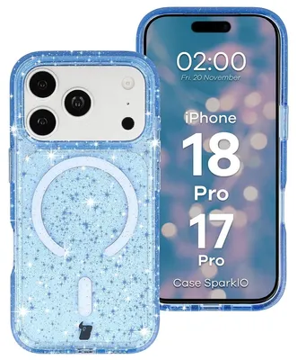 Produktbild von Glitzer Hülle mit Magnetring für iPhone 18 Pro / 17 Pro, Bizon Case SparklO, Transparent-Hellblau mit Glitzer