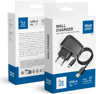 Productafbeelding van NETZ-lader, micro USB, universeel, 2A, NIEUW, BLUE STAR (afneembaar kabel), LITE