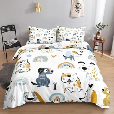 Productafbeelding van Beddengoedset met cartoonhondjes, 200x200 cm, 2 kussenslopen van 80x80 cm, microvezel, 3-delig