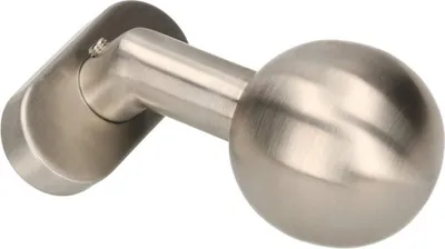 A close-up studio shot of a single stainless steel door knob with an oval rosette.