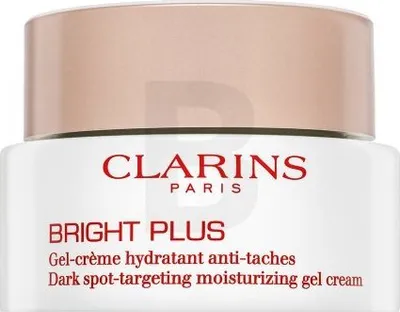 A close-up studio shot of a Clarins Bright Plus moisturizing gel cream jar.