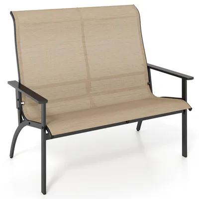 A studio shot of a two-seater garden bench.