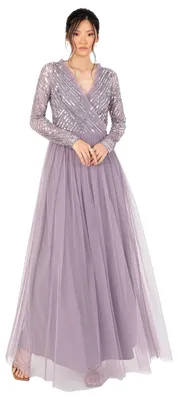 Produktbild von Women's Maxi Dress Ladies Embellished Wrap Tulle Frilly V-Neck Long Sleeve for W