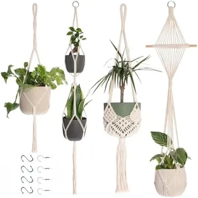 Produktbild von 4 Stück Makramee Wandbehang Boho Deko mit Haken Baumwollseil Schlafzimmer Aesthetic Hängepflanzen Balkon Fenster Creme
