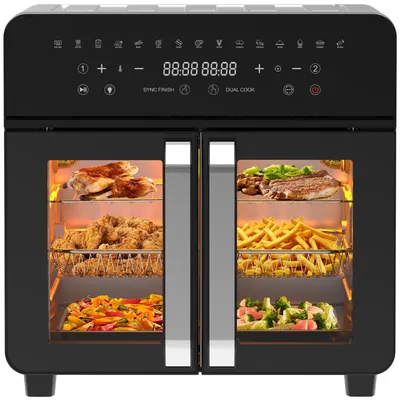 A black dual-zone air fryer oven is shown with food inside each compartment.