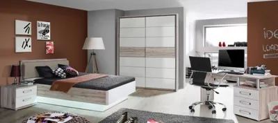 Produktbild von Jugendzimmer komplett Möbel Rondino 4 teiliges Komplett Set in Sandeiche und Weiß hochglanz Jugendzimmermöbel