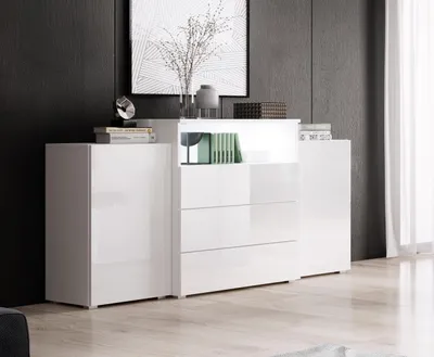 Produktbild von MINIO go for it, Kommode, Wohnzimmerkommode, 150cm, "KORFU III",  Weiß / Weiß Glanz Farbe