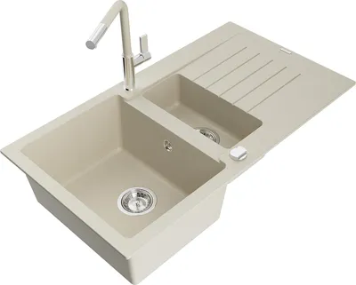 Immagine prodotto di Mexen Matias lavello in granito 1,5 vasche con sgocciolatoio e rubinetto cucina Flora, beige - 6502-69-670401-09
