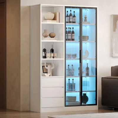 Productafbeelding van Vitrinekast met 3 lades, 2 vlakke glazen deuren, geïntegreerde LED-verlichting, kast voor de woonkamer, 100x35x160cm, wit
